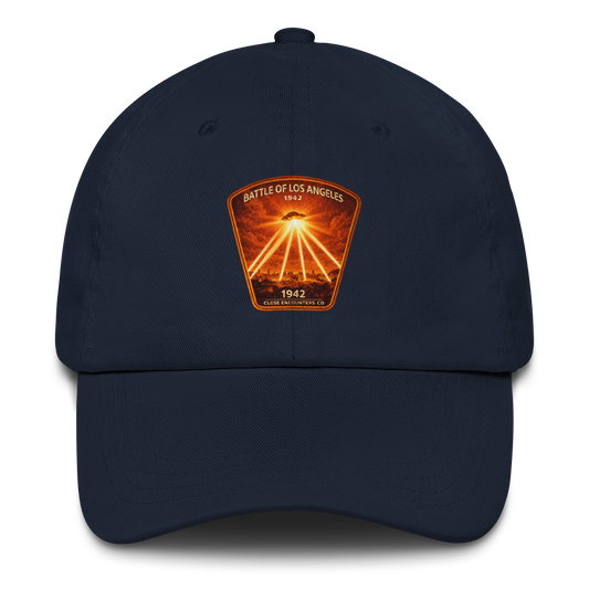 Battle of Los Angeles Baseball Cap lifestyle shot — Battle of Los Angeles 1942 alien apparel | Close Encounters Co